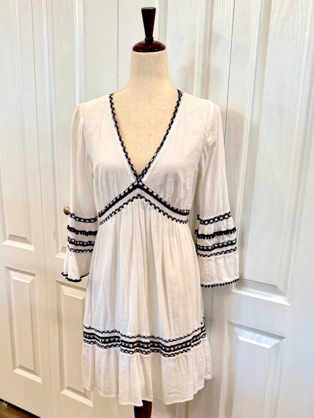 Women's, Size S, Boho Dress by I.N.C. White & Black Crochet & Pom-Poms Accents